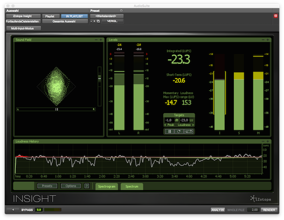 Izotope Insight mit Historyplot und Soundfield-Goniometer